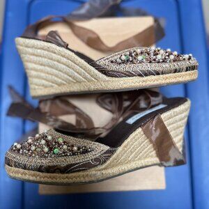 Steve Madden Beaded Wedge Ribbon Wrap Bronze Brown